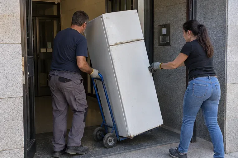 Dos personas con guantes trasladan un frigorífico viejo con una carretilla desde la entrada de un edificio