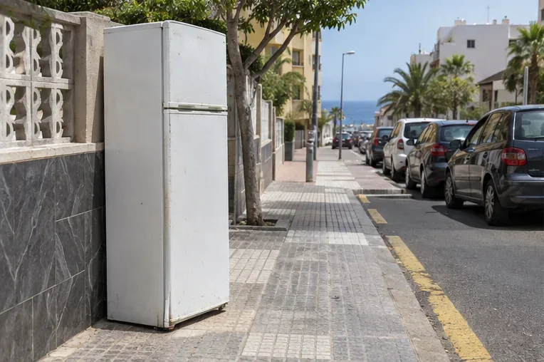 Frigorífico viejo colocado junto a una fachada en una calle residencial, separado del tráfico y del interior de los contenedores