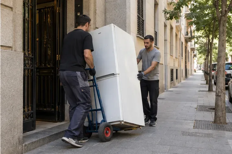 Dos personas trasladan un frigorífico con una carretilla desde el portal de un edificio hacia la acera