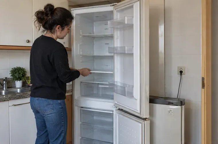 Una persona vacía y prepara un frigorífico blanco abierto en una cocina antes de retirarlo