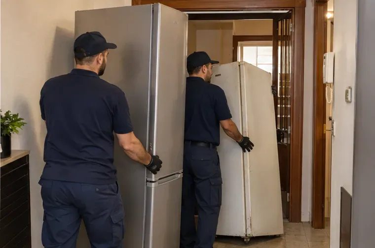 Dos operarios trasladan un frigorífico nuevo y retiran otro antiguo en el interior de una vivienda