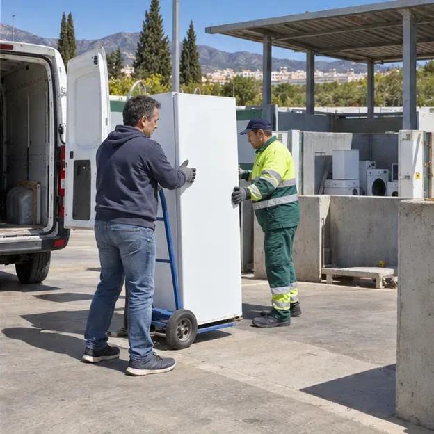 Un residente y un trabajador acercan un frigorífico a una zona de recepción de electrodomésticos junto a una furgoneta.