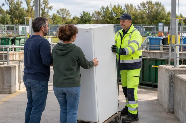 Una persona entrega un frigorífico de pie a un trabajador con ropa de seguridad en un centro de reciclaje