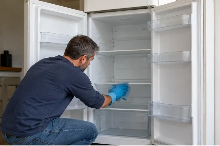 Un hombre limpia el interior vacío de un frigorífico desenchufado antes de moverlo