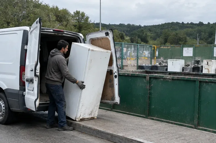 Una persona descarga un frigorífico de una furgoneta junto a contenedores de una instalación de residuos.