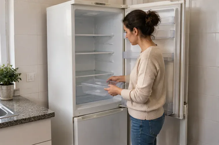 Una mujer vacía los cajones de un frigorífico abierto y ya sin alimentos en una cocina.