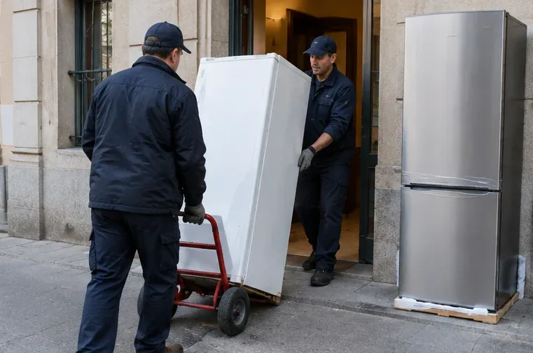 Dos operarios sacan un frigorífico antiguo de una vivienda mientras otro frigorífico permanece junto a la entrada.