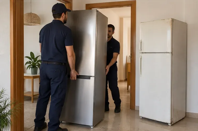 Dos operarios entran un frigorífico nuevo en una vivienda mientras el antiguo permanece preparado a un lado
