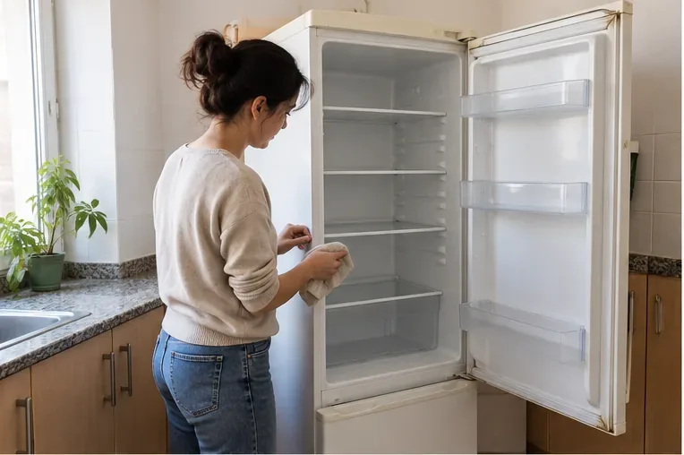 Una persona limpia un frigorífico vacío y abierto en una cocina antes de su retirada