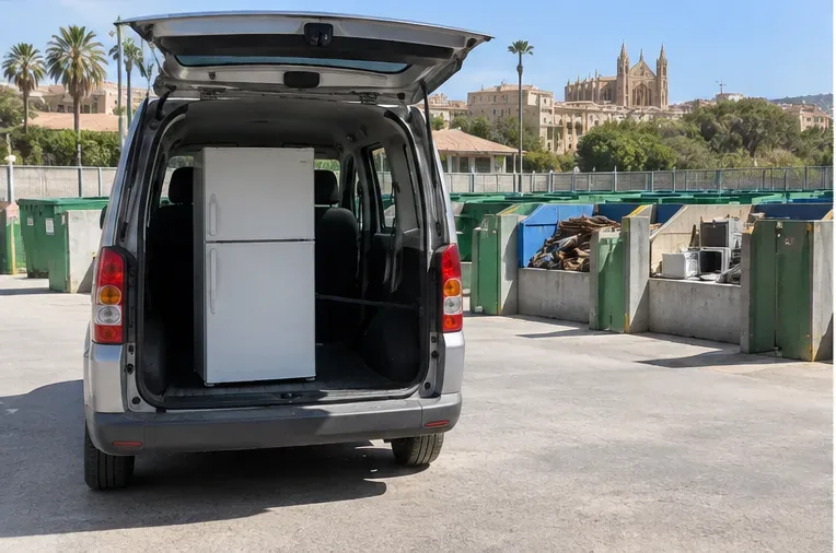 Una furgoneta con un frigorífico sujeto en su interior aparcada en un centro de reciclaje al aire libre