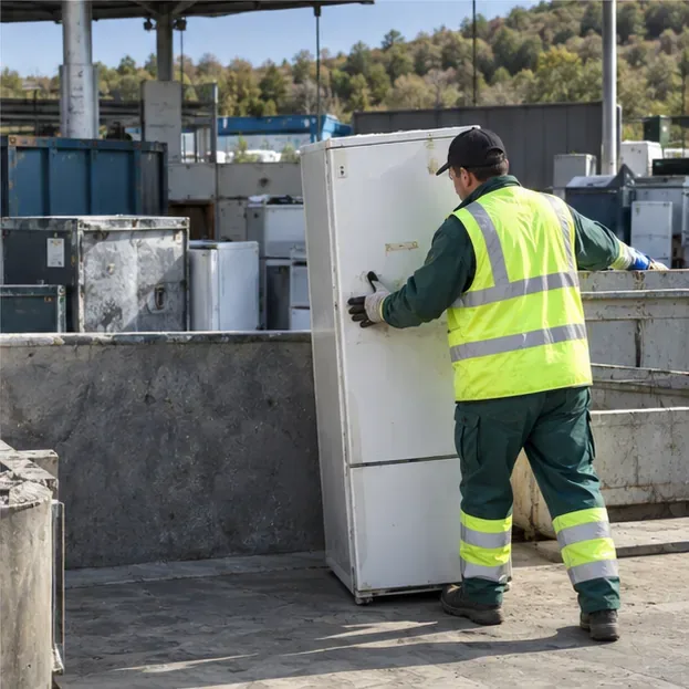 Operario con chaleco reflectante recibe un frigorífico en una instalación de reciclaje