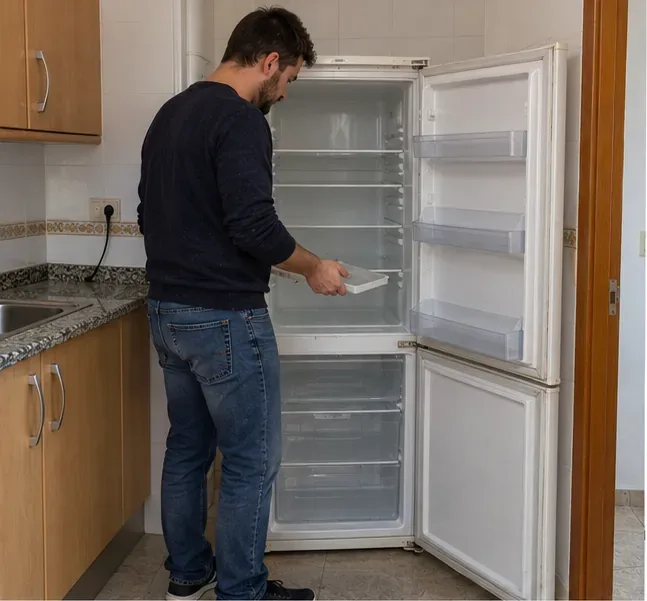 Persona vaciando las bandejas de un frigorífico viejo antes de retirarlo de una vivienda
