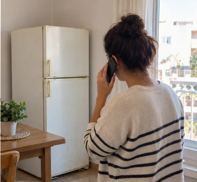 Mujer llamando por teléfono junto a un frigorífico antiguo para concertar su retirada
