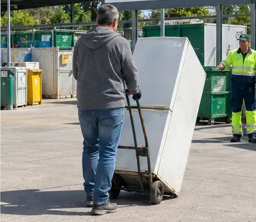 Persona transportando un frigorífico con una carretilla dentro de una instalación de recepción de residuos