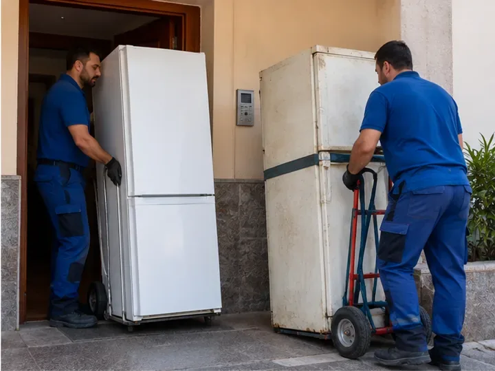 Operarios retirando frigoríficos con una carretilla desde la entrada de una vivienda