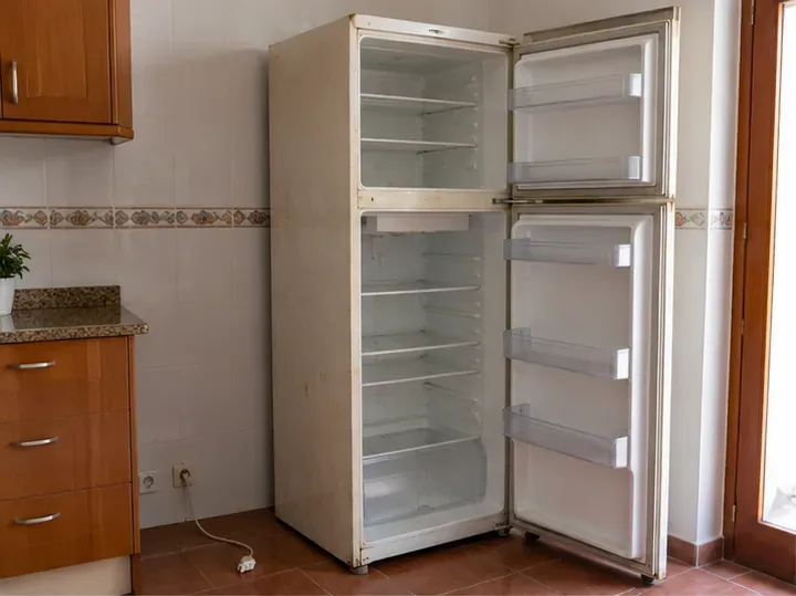 Frigorífico viejo vacío y desenchufado dentro de una cocina antes de su retirada