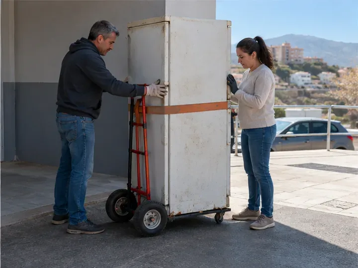 Dos personas moviendo un frigorífico en posición vertical con una carretilla y una cincha