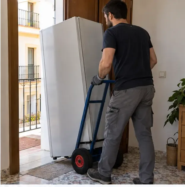 Persona con guantes mueve un frigorífico sobre una carretilla por una puerta amplia