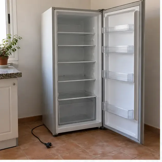 Frigorífico vacío y desenchufado en una cocina, preparado para su retirada