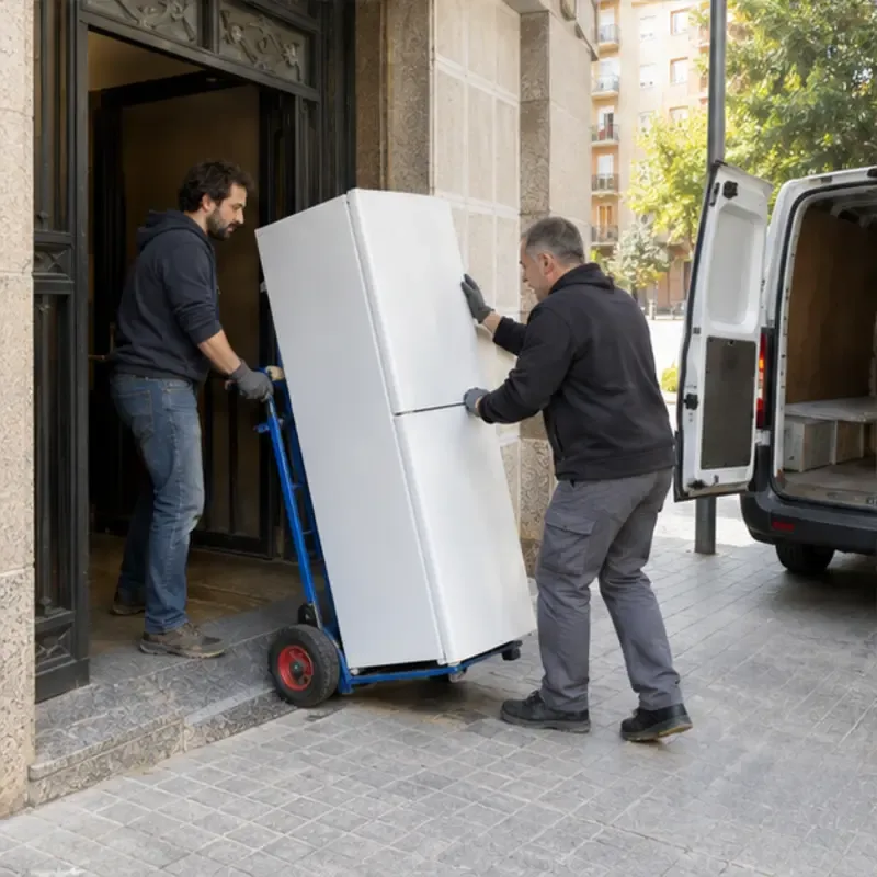 Dos personas trasladando un frigorífico vertical con una carretilla hacia una furgoneta