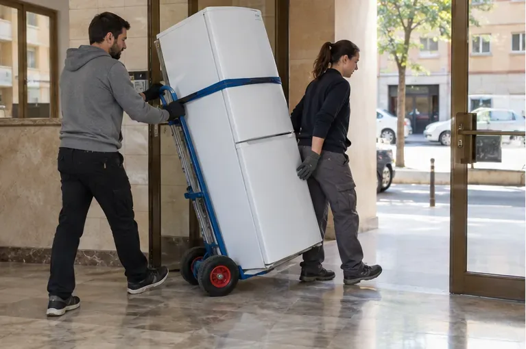 Dos personas trasladan un frigorífico vacío con una carretilla y correas por el portal de un edificio