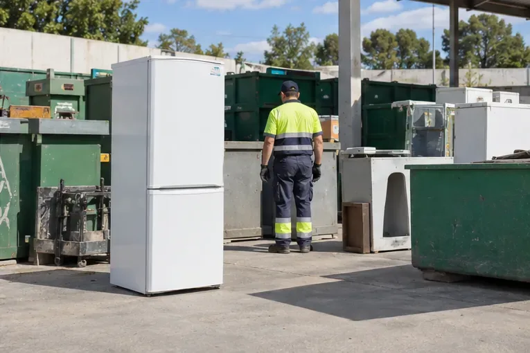 Un frigorífico colocado en una zona ordenada de una instalación municipal de reciclaje