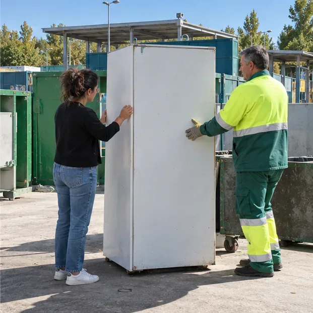 Una vecina y un trabajador del centro de reciclaje sujetan un frigorífico frente a contenedores de una instalación municipal.
