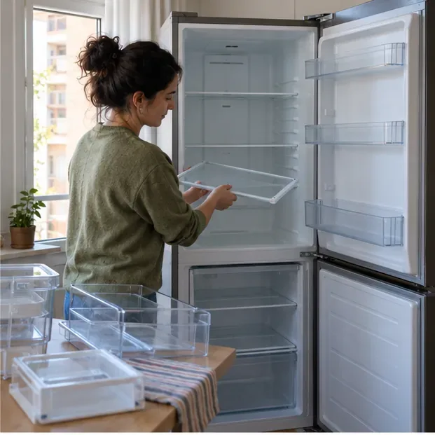 Una persona retira una balda de un frigorífico vacío con las puertas abiertas para dejar el interior preparado.