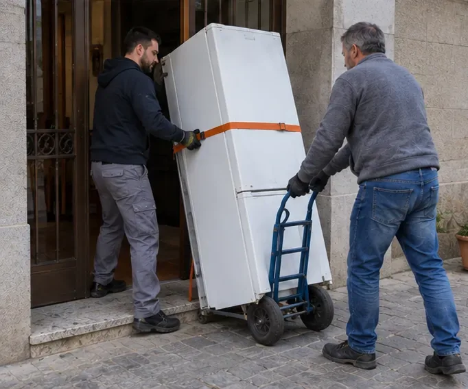 Dos personas desplazan un frigorífico sujeto con una cincha sobre un carro de transporte al salir de una vivienda