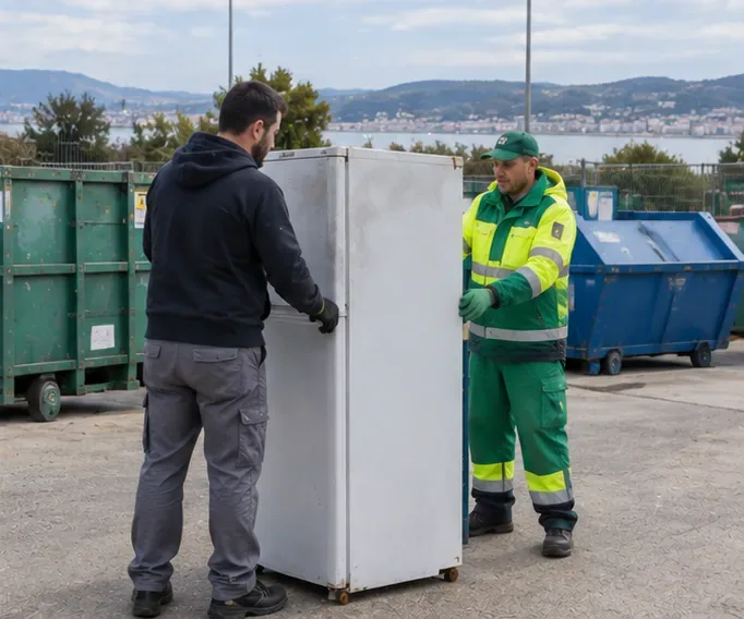 Un usuario entrega un frigorífico a un trabajador de un centro de recogida con contenedores de residuos y una ría al fondo