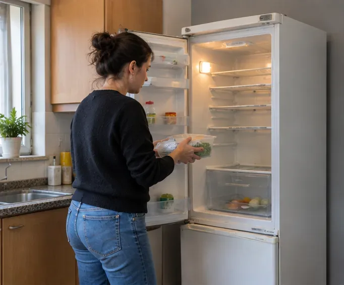 Una persona vacía alimentos y recipientes de un frigorífico antes de prepararlo para la recogida como RAEE