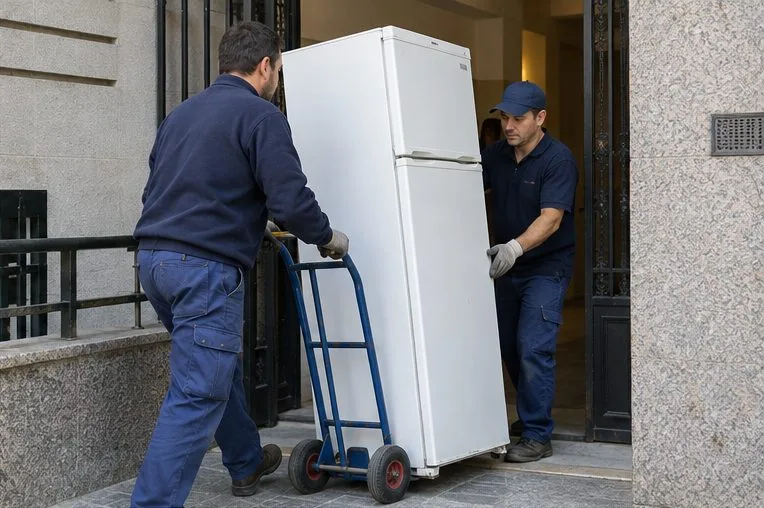 Dos personas trasladan un frigorífico vertical con una carretilla por un pasillo despejado.