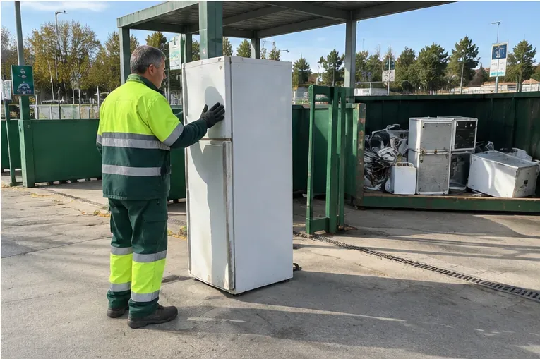 Trabajador de un punto limpio recibe un frigorífico junto a una zona separada para aparatos eléctricos y electrónicos
