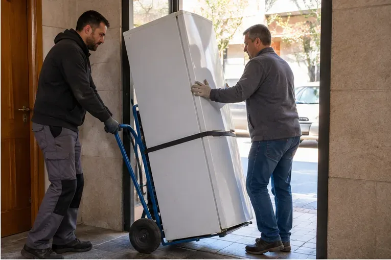 Dos personas trasladan un frigorífico con una carretilla y una cincha a través de una puerta, manteniendo el aparato controlado durante el movimiento