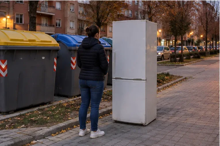 Frigorífico colocado junto a contenedores urbanos al anochecer, como ejemplo de entrega en vía pública después de haber concertado la recogida municipal