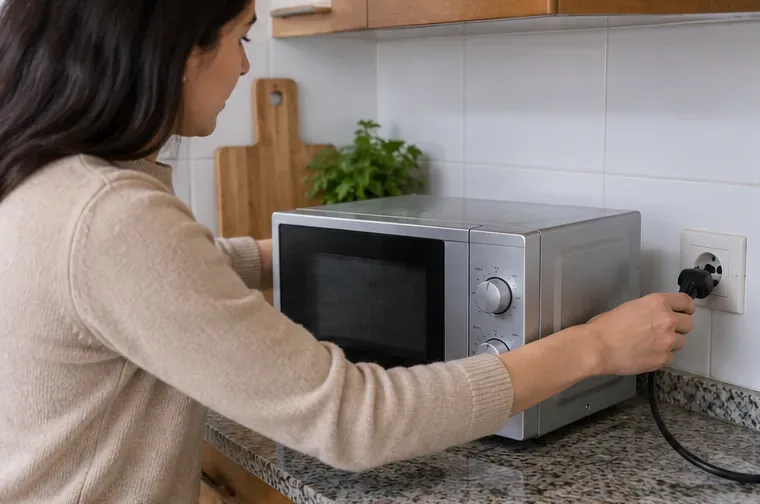 Mujer desenchufando un microondas de sobremesa en una cocina antes de retirarlo