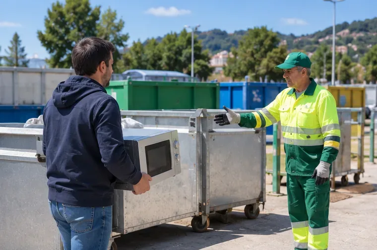 Usuario llevando un microondas a una zona de recogida donde un operario señala el contenedor correspondiente
