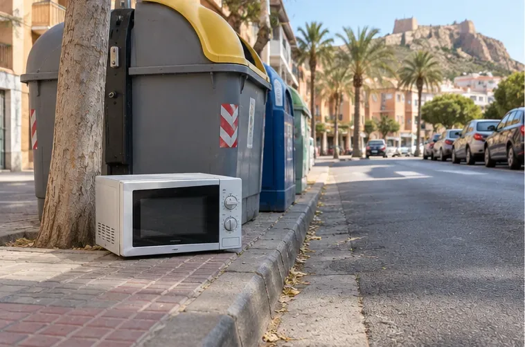 Un microondas abandonado en la acera junto a contenedores de residuos