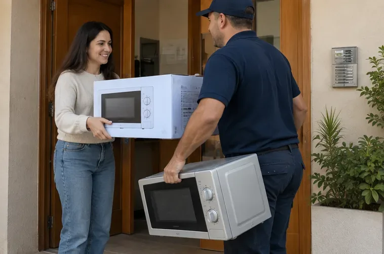 Un repartidor entrega un microondas nuevo y retira el aparato antiguo en la puerta de una vivienda