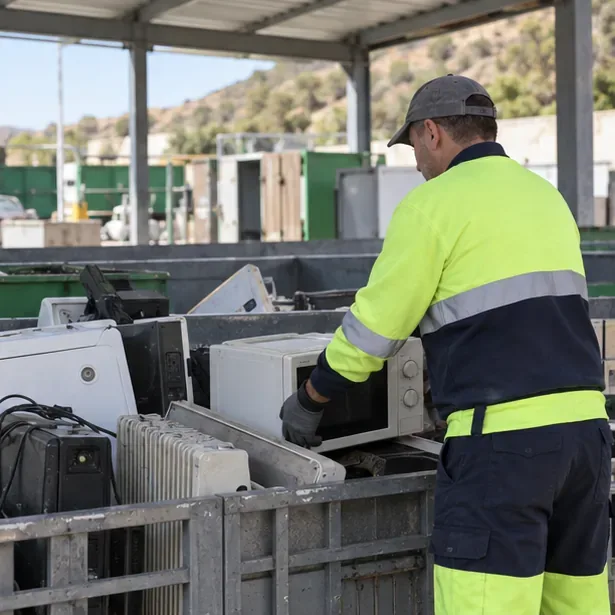 Trabajadora colocando un microondas en una zona de recogida de aparatos eléctricos