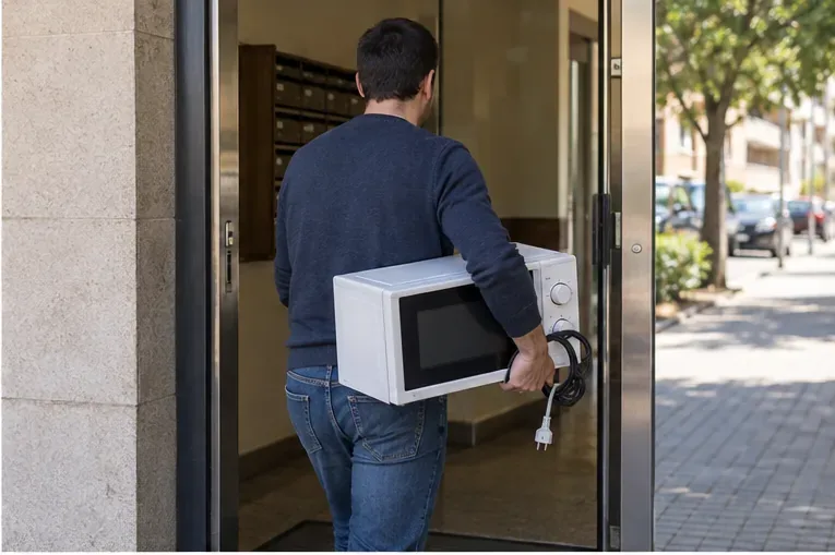 Persona transportando un microondas completo y desenchufado desde un edificio hacia la calle