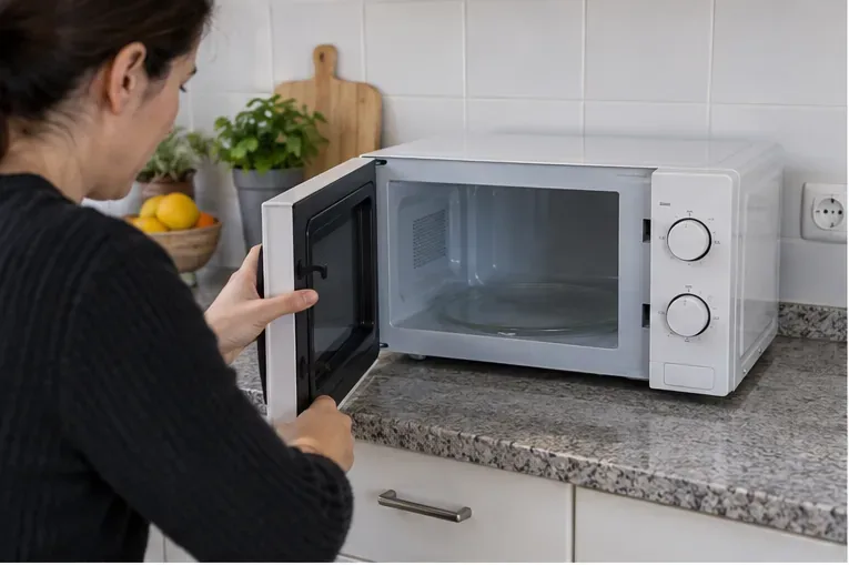 Persona revisando un microondas desenchufado sobre la encimera antes de prepararlo para su entrega como residuo electrónico