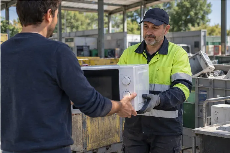 Usuario entregando un microondas completo a un trabajador en una instalación de recogida de residuos