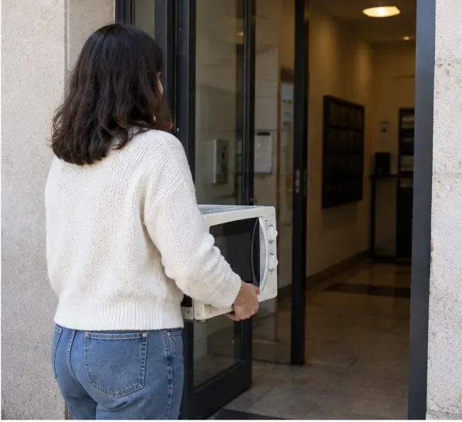 Una persona transporta con ambas manos un microondas desconectado hacia la salida de un edificio