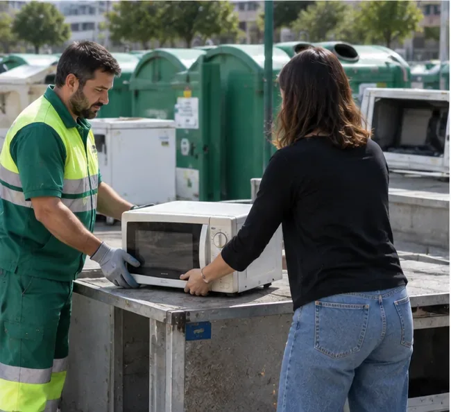 Una persona entrega un microondas completo a un operario en una instalación de recogida de residuos eléctricos