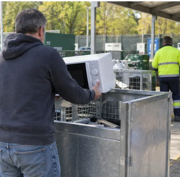 Persona depositando un microondas completo en una zona de recogida de aparatos eléctricos de un punto limpio