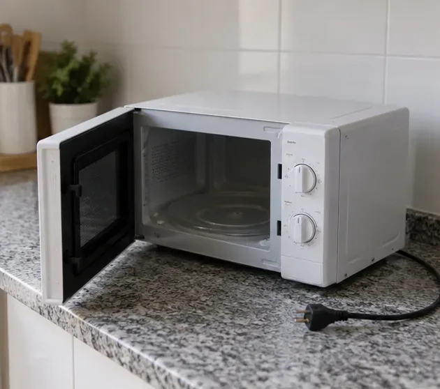 Microondas desenchufado sobre una encimera, preparado para decidir su entrega como residuo electrónico