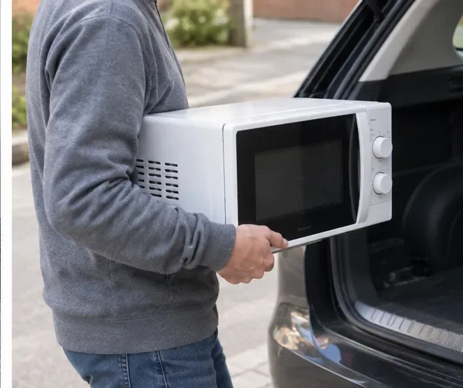Persona transportando un microondas hacia el maletero de un coche para llevarlo a un punto de recogida autorizado