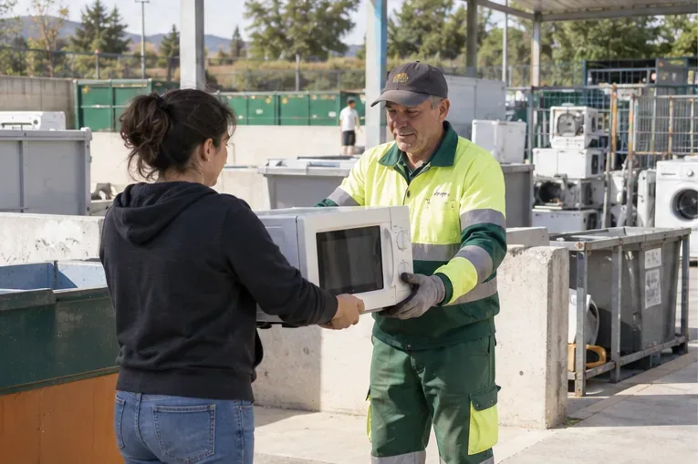 Persona entregando un microondas a un trabajador en una instalación de reciclaje de electrodomésticos