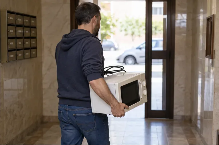 Persona transportando un microondas con ambas manos por el portal de un edificio